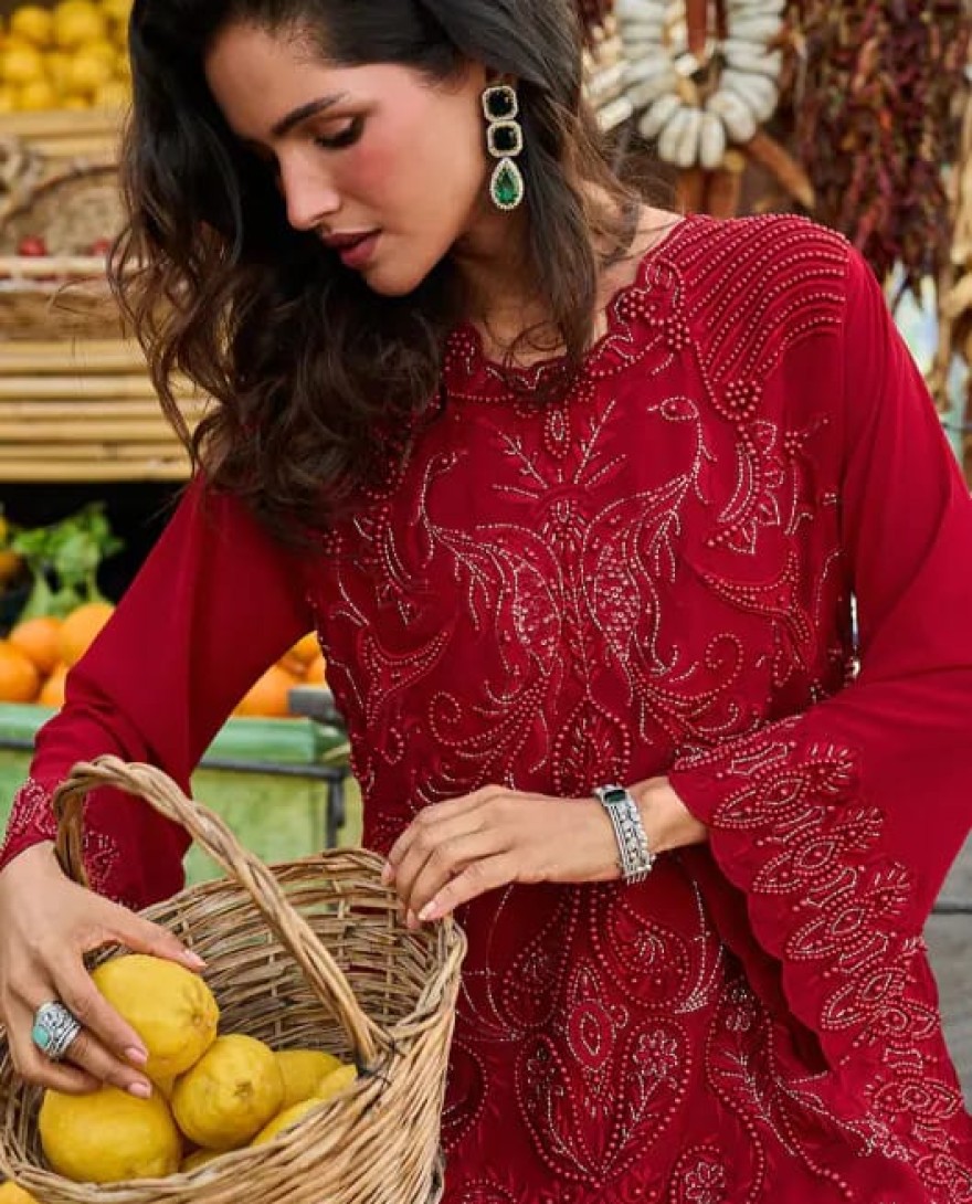 RED - Cherry Red Embroidered Georgette Designer Suit